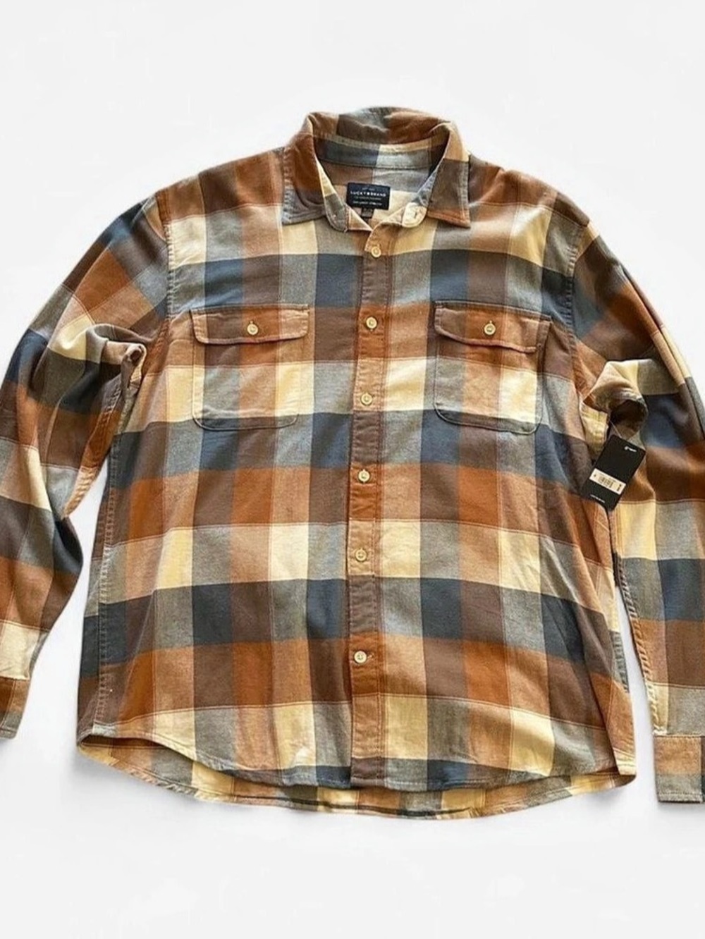 LUCKY BRAND Stretch Plaid Shirt Plaid Shirt in Brown & Blue XL NWT